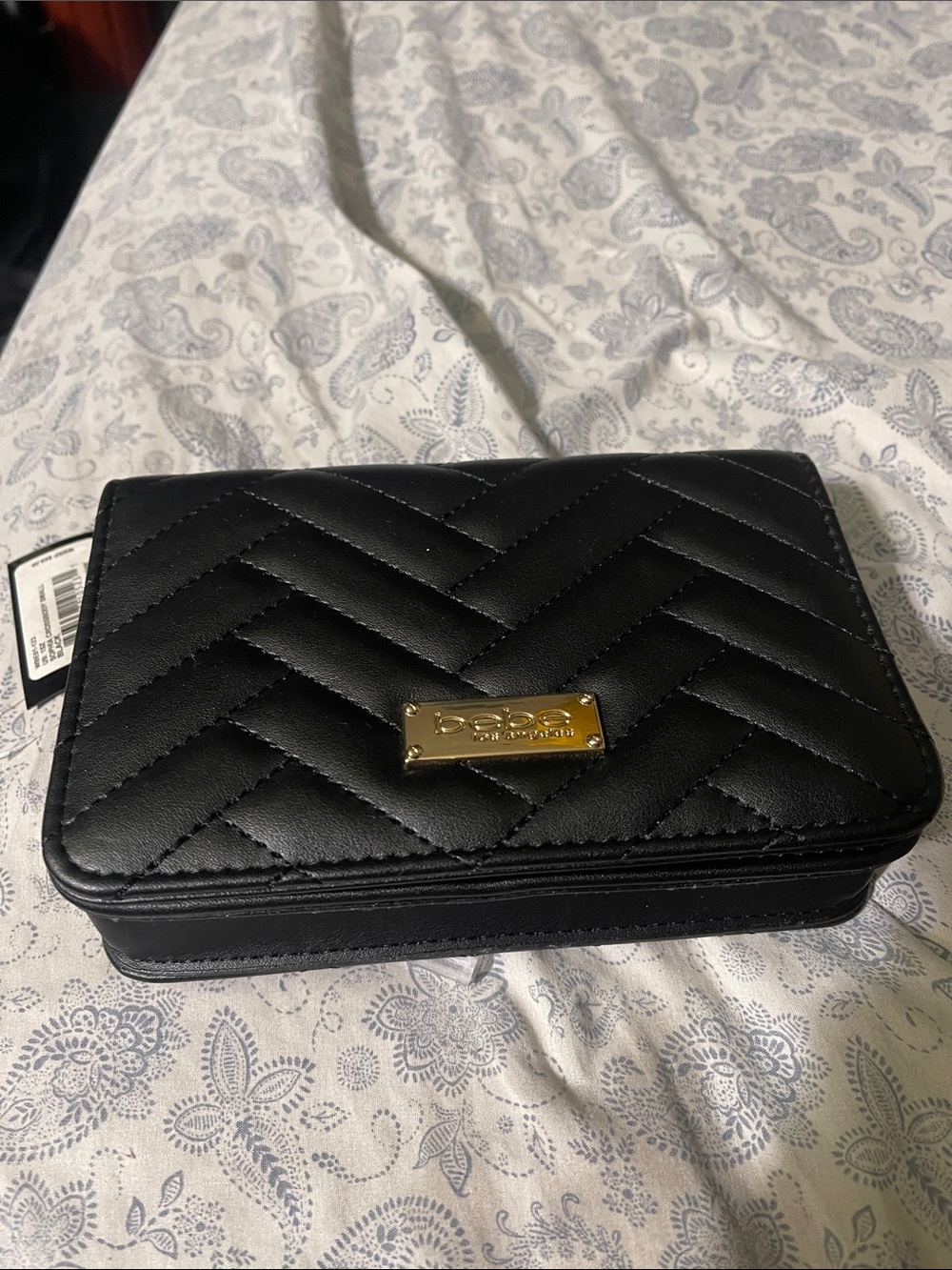 bebe Black Quilted Wallet Clutch with Gold Plaque